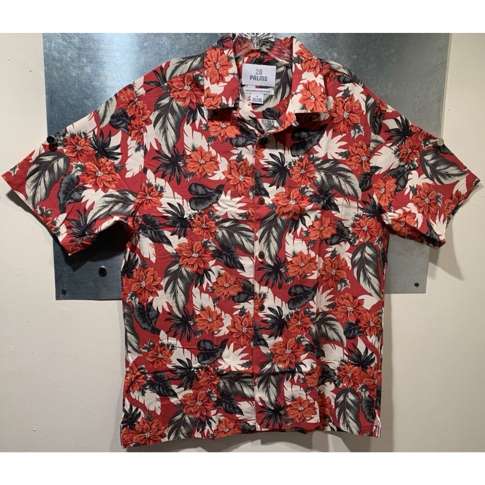 Hawaiian Shirt 100% Silk RARE Christmas Poinsettias 28 Palms Pocketed Relaxed M